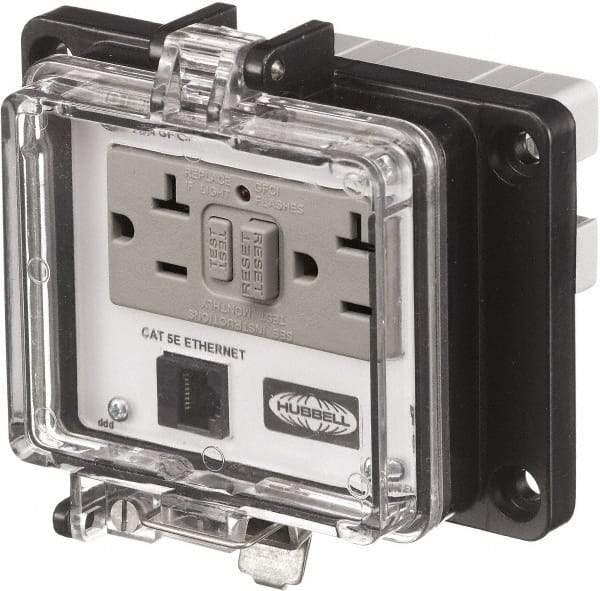 Hubbell Wiring Device-Kellems - 1 Port, 3 Power Receptacle, Ethernet, Clear Data Port Receptacle - 4.79 Inch Long x 1.61 Inch Deep x 5.8 Inch Wide, Aluminum, Surface Mount, Gray - Exact Tool & Supply