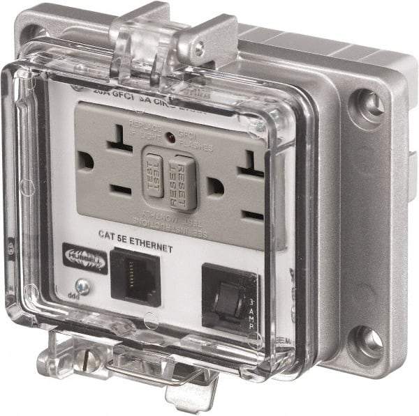 Hubbell Wiring Device-Kellems - 1 Port, 3 Power Receptacle, Ethernet, Clear Data Port Receptacle - 4.79 Inch Long x 1.61 Inch Deep x 5.08 Inch Wide, Aluminum, Surface Mount, Gray - Exact Tool & Supply