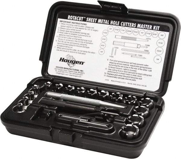 Hougen - 21 Piece, 1/4 to 3/4" Cutter Diam, 1/4" Cutting Depth, High Speed Steel Annular Cutter Set - Bright Finish, 1/4 to 3/4" Cutter Diams, 3 Flats on Shank - Exact Tool & Supply
