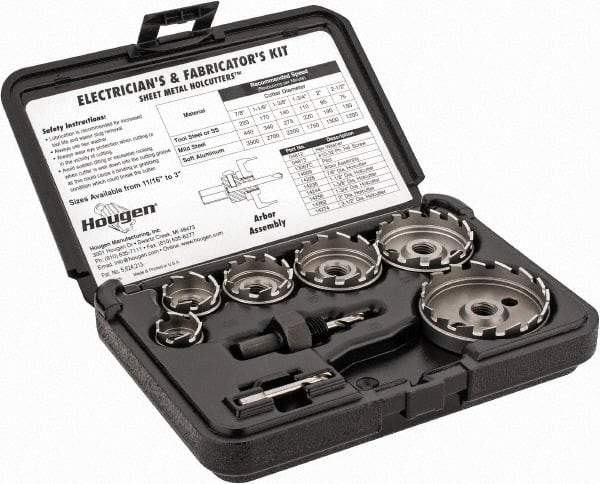 Hougen - 11 Piece, 7/8 to 2-1/2" Cutter Diam, 1/8" Cutting Depth, High Speed Steel Annular Cutter Set - Bright Finish, 3/8" Shank Diam, 7/8, 1-1/8, 1-3/8, 1-3/4, 2, 2-1/2" Cutter Diams, 3 Flats on Shank - Exact Tool & Supply