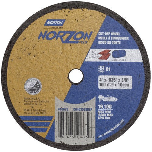 4″ × 0.035″ × 3/8″ NorZon Plus Small Diameter Cut-Off Wheel Type 01 Straight Aluminum Oxide - Exact Tool & Supply