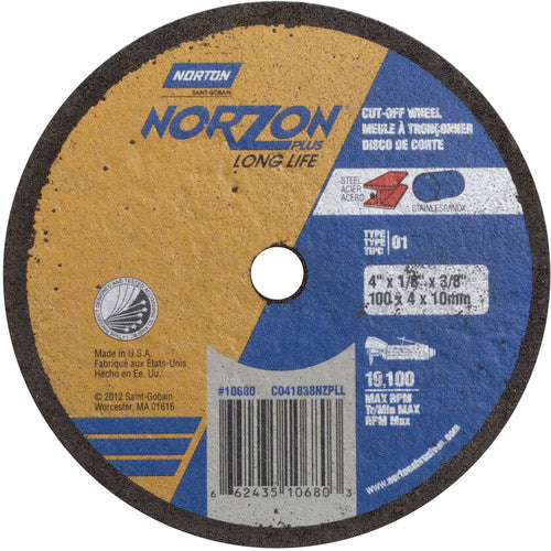 4″ × 1/8″ × 3/8″ NorZon Plus Small Diameter Cut-Off Wheel Type 01 Straight Aluminum Oxide - Exact Tool & Supply