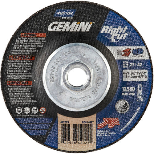 4-1/2 x .045 × 5/8 - 11″ Gemini RightCut Cutting Wheel A 24 T BDA3 Type 27/42 - Exact Tool & Supply