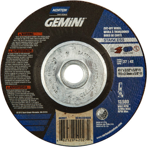 4-1/2 × 3/32 × 5/8 - 11″ Gemini INOX/SS Cutting Wheel A 30 Q BDA Type 27/42 - Exact Tool & Supply