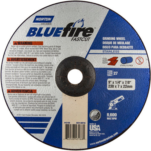 9″ × 1/4″ × 7/8″ BlueFire Non-Woven Depressed Center Wheel Type 27 Zirconia Alumina / Aluminum Oxide - Exact Tool & Supply