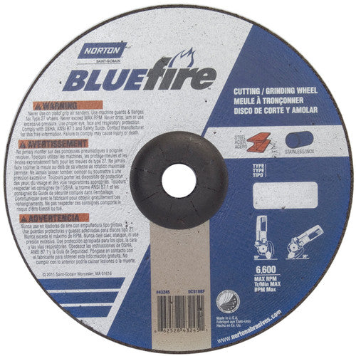 9″ × 1/8″ × 7/8″ BlueFire Non-Woven Depressed Center Wheel Type 27 Zirconia Alumina / Aluminum Oxide - Exact Tool & Supply