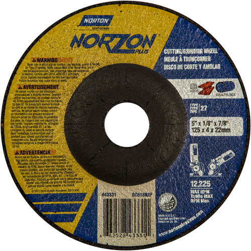 5″ × 1/8″ × 7/8″ NorZon Plus Non-Woven Depressed Center Wheel Type 27 Ceramic Alumina / Zirconia Alumina - Exact Tool & Supply