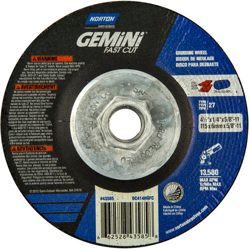 4-1/2 × 1/4 × 5/8 - 11″ Gemini Fast Cut Grinding Wheel A 24 N BDA Type 27 - Exact Tool & Supply