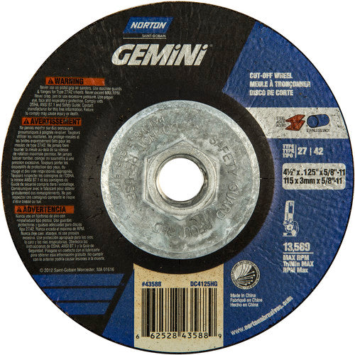 4-1/2 x .125 × 5/8 - 11″ Gemini Cutting Wheel A 24 T BDA3 Type 27/42 - Exact Tool & Supply