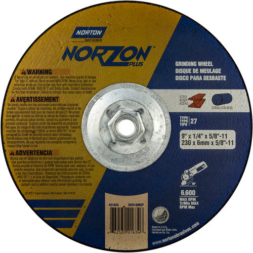 9″ × 1/4″ × 5/8″ NorZon Plus Non-Woven Depressed Center Wheel Type 27 - Exact Tool & Supply
