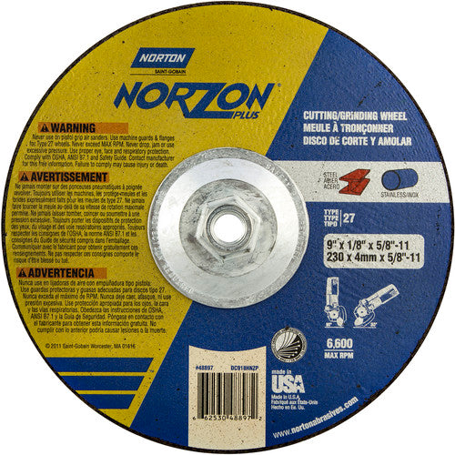 9″ × 1/8″ × 5/8″ NorZon Plus Non-Woven Depressed Center Wheel Type 27 - Exact Tool & Supply