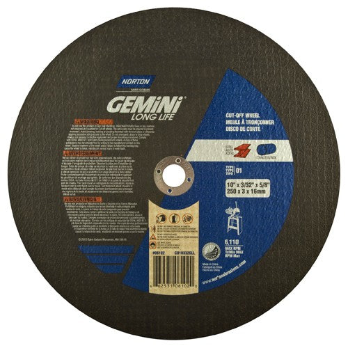 10″ × 0.09375″ × 5/8″ Gemini Stationary Saw Cut-Off Wheel Aluminum Oxide - Exact Tool & Supply