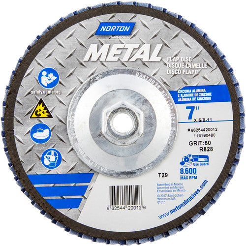 7 × 5/8 - 11″ Metal Fiberglass Conical Flap Disc Type 29 P60 Grit R828 Zirconia Alumina - Exact Tool & Supply