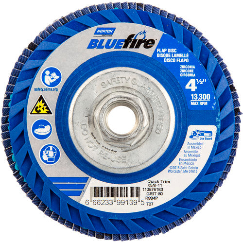 4-1/2 × 5/8 - 11″ BlueFire Plastic Flat Flap Disc Type 27 P80 Grit R884P Ceramic Alumina - Exact Tool & Supply