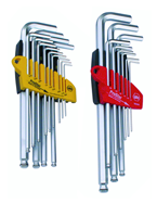 13 Piece - .050 - 3/8" & 9 Piece Metric Set 1.5 - 10.0mm - Hard Chrome Finish with Holders - Ball End Hex L-Key MagicRing® Screw Holding Long Arm Combination Inch Set - Exact Tool & Supply