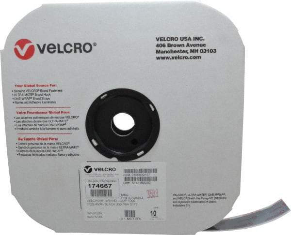 VELCRO Brand - 1" Wide x 10 Yd Long Adhesive Backed Loop Roll - Continuous Roll, Black - Exact Tool & Supply