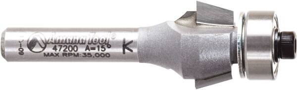 Amana Tool - 5/8" Cut Diam, 9/32" Length of Cut, 2 Flute Chamfer Edge Profile Router Bit - Carbide-Tipped, 1/4" Shank Diam, 2-3/32" OAL, Uncoated - Exact Tool & Supply