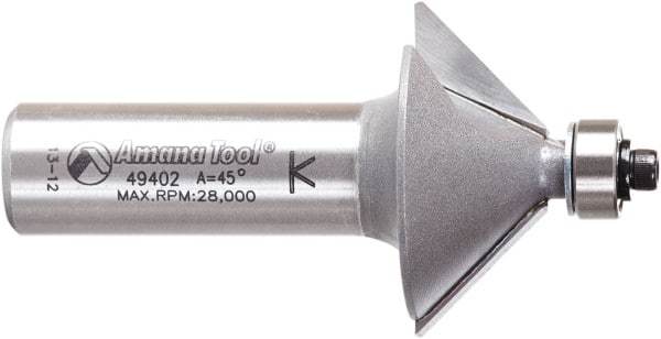 Amana Tool - 1-1/4" Cut Diam, 1/2" Length of Cut, 2 Flute Chamfer Edge Profile Router Bit - Carbide-Tipped, 1/2" Shank Diam, 2-3/8" OAL, Uncoated - Exact Tool & Supply