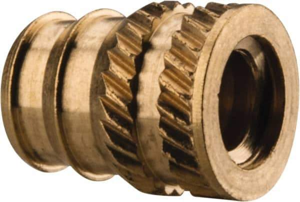 E-Z LOK - #10-24, 0.246" Small to 0.277" Large End Hole Diam, Brass Double Vane Tapered Hole Threaded Insert - 19/64" Insert, 1/4" Pilot Diam, 3/8" OAL, 0.159" Min Wall Thickness - Exact Tool & Supply