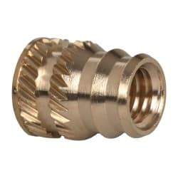 E-Z LOK - #10-32, 0.246" Small to 0.277" Large End Hole Diam, Brass Double Vane Tapered Hole Threaded Insert - 19/64" Insert, 1/4" Pilot Diam, 3/8" OAL, 0.159" Min Wall Thickness - Exact Tool & Supply