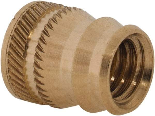 E-Z LOK - 5/16-18, 0.401" Small to 0.448" Large End Hole Diam, Brass Double Vane Tapered Hole Threaded Insert - 15/32" Insert, 13/32" Pilot Diam, 9/16" OAL, 0.245" Min Wall Thickness - Exact Tool & Supply
