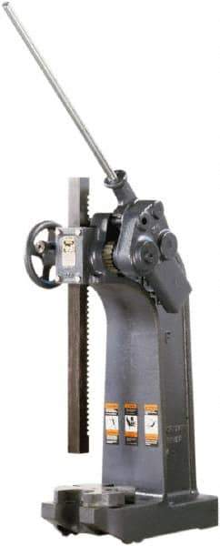 Dake - 1-1/2" Ram, 7-3/4" Throat Depth, 6 Ton Manual Arbor Press - 20-1/4" Max Work Height x 15-1/2" Max Work Width, Compound Leverage, 66:1 Leverage Ratio, 8-1/4" Base Width x 20" Base Depth - Exact Tool & Supply