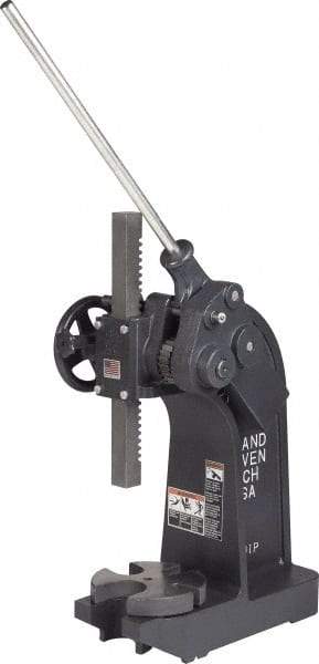 Dake - 1-1/2" Ram, 7-3/4" Throat Depth, 6 Ton Manual Arbor Press - 13-3/4" Max Work Height x 15-1/2" Max Work Width, Compound Leverage, 66:1 Leverage Ratio, 8-1/4" Base Width x 20" Base Depth - Exact Tool & Supply