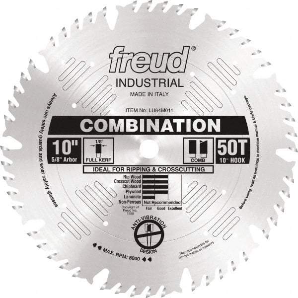 Freud - 10" Diam, 5/8" Arbor Hole Diam, 50 Tooth Wet & Dry Cut Saw Blade - Carbide-Tipped, Standard Round Arbor - Exact Tool & Supply