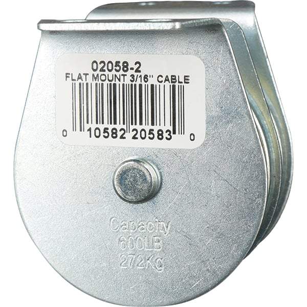 Block Division - 600 Lbs. Load Limit, Flat Standard Block - Upright Mount, Double Sheave, 2 Inch Outside Diameter, Wire Rope, 3/16 Inch Diameter, Eye, 5/8 Inch Inside Diameter, Carbon Steel, Zinc Plated Finish - Exact Tool & Supply
