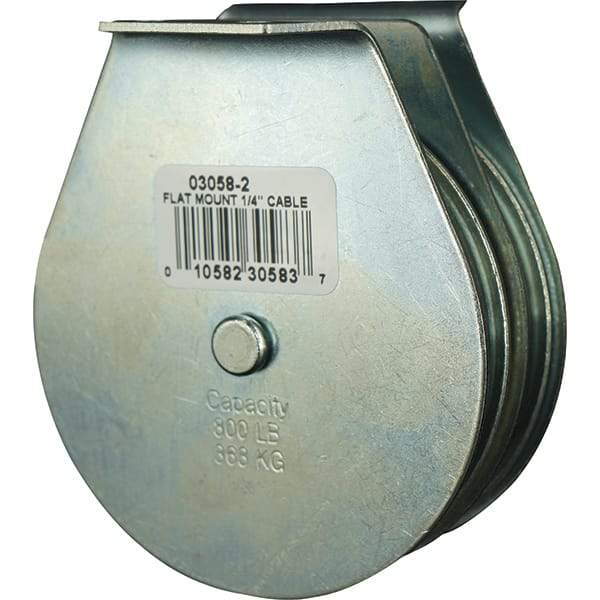 Block Division - 800 Lbs. Load Limit, Flat Standard Block - Upright Mount, Double Sheave, 3 Inch Outside Diameter, Wire Rope, 1/4 Inch Diameter, Eye, 7/8 Inch Inside Diameter, Carbon Steel, Zinc Plated Finish - Exact Tool & Supply