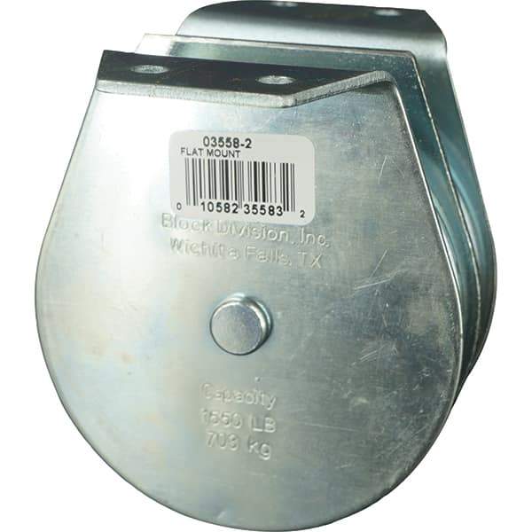 Block Division - 1, 550 Lbs. Load Limit, Flat Standard Block - Upright Mount, Double Sheave, 3-1/2 Inch Outside Diameter, Wire Rope, 5/16 Inch Diameter, Eye, 1-3/16 Inch Inside Diameter, Carbon Steel, Zinc Plated Finish - Exact Tool & Supply