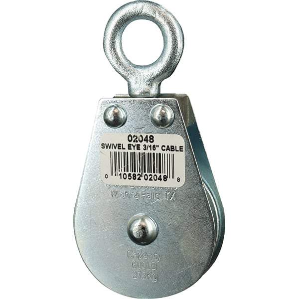 Block Division - 600 Lbs. Load Limit, Swivel Eye Standard Block - Single Sheave, 2 Inch Outside Diameter, Wire Rope, 3/16 Inch Diameter, Eye, 5/8 Inch Inside Diameter, Carbon Steel, Zinc Plated Finish - Exact Tool & Supply