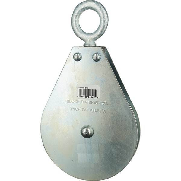 Block Division - 1, 550 Lbs. Load Limit, Swivel Eye Snatch Block - Single Sheave, 3-5/8 Inch Outside Diameter, Wire Rope, 3/8 Inch Diameter, Eye, 1-1/8 Inch Inside Diameter, Carbon Steel, Zinc Plated Finish - Exact Tool & Supply