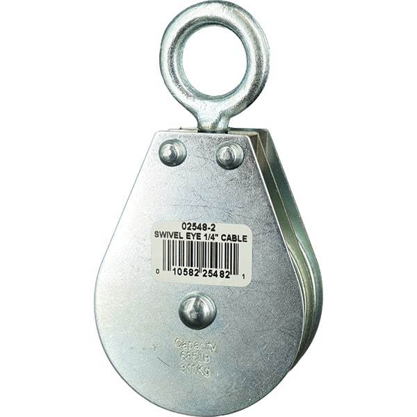 Block Division - 685 Lbs. Load Limit, Swivel Eye Snatch Block - Double Sheave, 2-1/2 Inch Outside Diameter, Wire Rope, 1/4 Inch Diameter, Eye, 7/8 Inch Inside Diameter, Carbon Steel, Zinc Plated Finish - Exact Tool & Supply