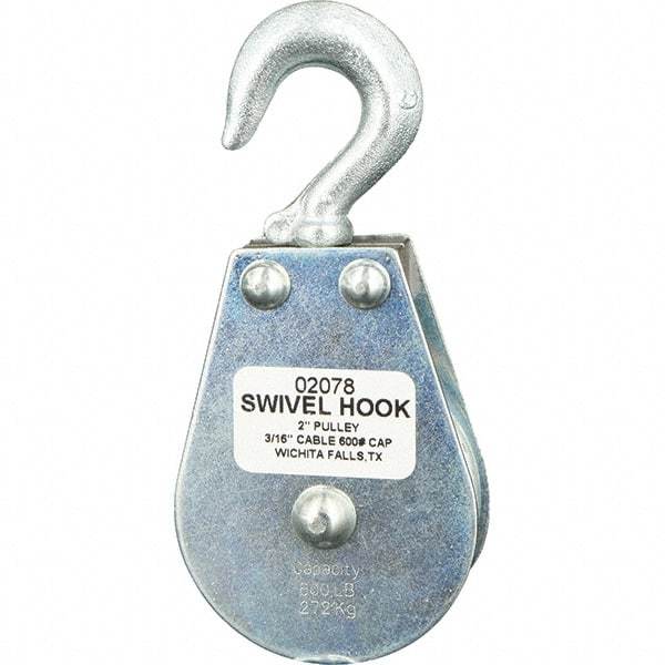 Block Division - 600 Lbs. Load Limit, Swivel Hook Block - Single Sheave, 2 Inch Outside Diameter, Wire Rope, 3/16 Inch Diameter, Eye, 3/8 Inch Inside Diameter, Carbon Steel, Zinc Plated Finish - Exact Tool & Supply