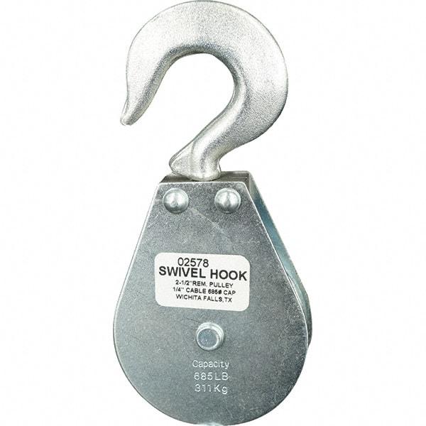Block Division - 685 Lbs. Load Limit, Swivel Hook Block - Single Sheave, 2-1/2 Inch Outside Diameter, Wire Rope, 1/4 Inch Diameter, Eye, 3/8 Inch Inside Diameter, Carbon Steel, Zinc Plated Finish - Exact Tool & Supply