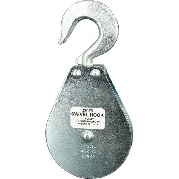 Block Division - 800 Lbs. Load Limit, Swivel Hook Block - Single Sheave, 3 Inch Outside Diameter, Wire Rope, 1/4 Inch Diameter, Eye, 3/8 Inch Inside Diameter, Carbon Steel, Zinc Plated Finish - Exact Tool & Supply