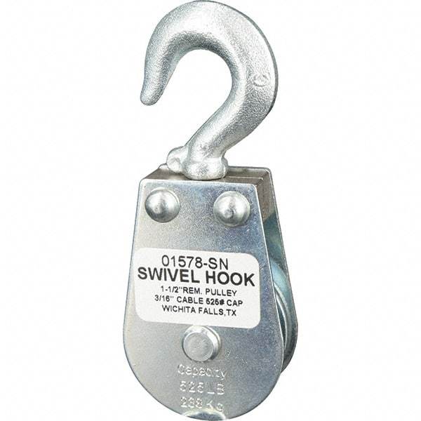 Block Division - 525 Lbs. Load Limit, Swivel Hook Block - Single Sheave, 1-5/8 Inch Outside Diameter, Wire Rope, 3/16 Inch Diameter, Eye, 3/8 Inch Inside Diameter, Carbon Steel, Zinc Plated Finish - Exact Tool & Supply