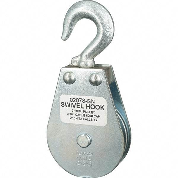 Block Division - 600 Lbs. Load Limit, Swivel Hook Block - Single Sheave, 2-1/8 Inch Outside Diameter, Wire Rope, 3/16 Inch Diameter, Eye, 3/8 Inch Inside Diameter, Carbon Steel, Zinc Plated Finish - Exact Tool & Supply