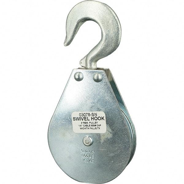 Block Division - 800 Lbs. Load Limit, Swivel Hook Block - Single Sheave, 3-1/8 Inch Outside Diameter, Wire Rope, 1/4 Inch Diameter, Eye, 3/8 Inch Inside Diameter, Carbon Steel, Zinc Plated Finish - Exact Tool & Supply