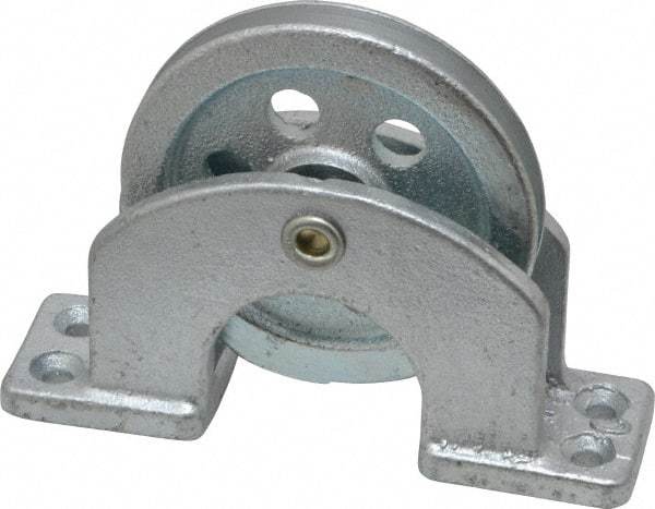 Value Collection - Single Open Upright Mount Guidance Pulley - Sheave, 2-1/2 Inch Outside Diameter, Wire Rope, 3/16 Inch Diameter, 0.144 Inch to 0.155 Inch Mounting Hole Diameter Iron, Galvanized Finish - Exact Tool & Supply