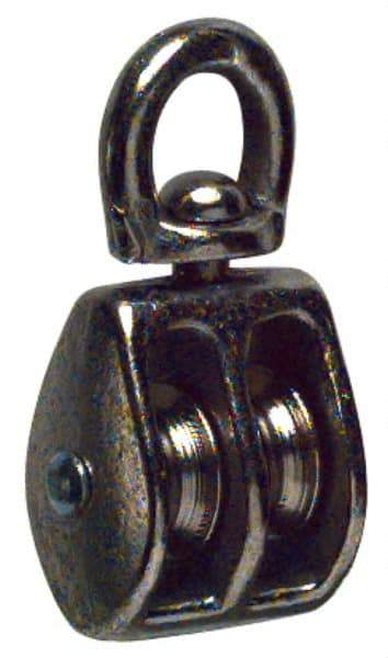 Value Collection - Swivel Eye Double Sheave Pulley - Sheave, 1 Inch Outside Diameter, Fibrous Rope, 1/4 Inch Diameter, Gray Iron, Nickel Plated Finish - Exact Tool & Supply
