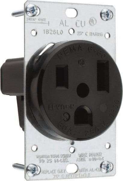 Leviton - 250 VAC, 50 Amp, 6-50P NEMA Configuration, Black, Industrial Grade, Self Grounding Single Receptacle - 1 Phase, 2 Poles, 3 Wire, Flush Mount, Tamper Resistant - Exact Tool & Supply
