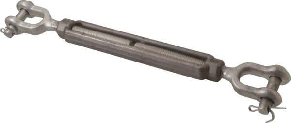 Made in USA - 2,200 Lb Load Limit, 1/2" Thread Diam, 6" Take Up, Stainless Steel Jaw & Jaw Turnbuckle - 7-1/2" Body Length, 3/4" Neck Length, 13" Closed Length - Exact Tool & Supply