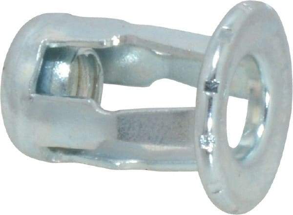 Au-Ve-Co Products - 1/4-20 UNC Thread, Zinc Plated, Steel, Screwdriver Installed Rivet Nut - 1/64 to 3/16" Grip, 5/8" Flange Diam, 0.731" Long - Exact Tool & Supply