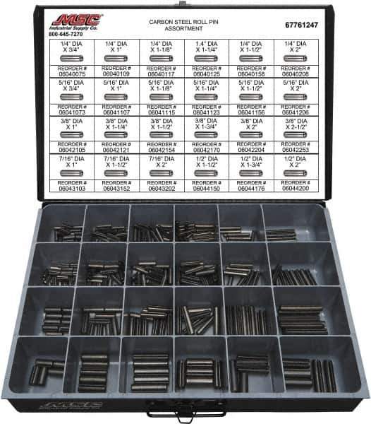Value Collection - 320 Piece, 1/4 to 1/2" Pin Diam, Spring Pin Assortment - 1-3/4 to 2" Long, Grade 2 Steel - Exact Tool & Supply
