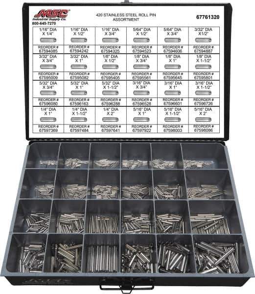 Value Collection - 115 Piece, 1/16 to 5/16" Pin Diam, Dowel Pin Assortment - 1/4 to 2" Long, 402 Stainless Steel - Exact Tool & Supply