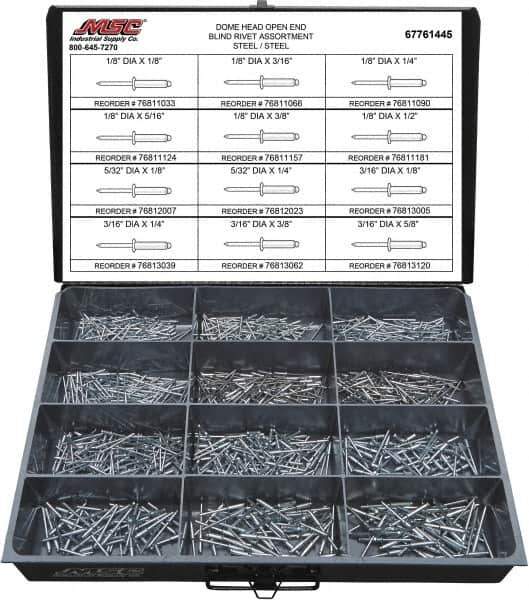 Value Collection - 1,100 Piece, 1/8 to 3/16" Hole Diam, Dome Head, Steel Blind Rivet Assortment - 1/8 to 5/8" Length, Steel Mandrel - Exact Tool & Supply