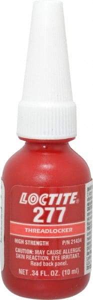 Loctite - 10 mL Bottle, Red, High Strength Liquid Threadlocker - Series 277, 24 hr Full Cure Time, Hand Tool, Heat Removal - Exact Tool & Supply