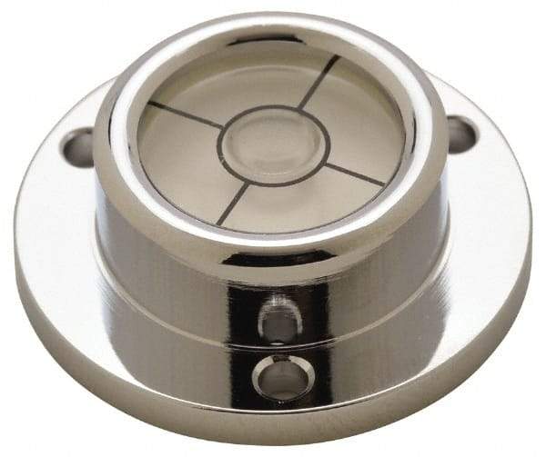 Geier & Bluhm, Inc. - 1-1/4 Inch Base Diameter x 0.44 Inch Overall Height, 1 Circle, Brass Bull's Eye Circular Level - 0.276 Inch Vial Diameter, 5/8 Inch Inner Diameter, 0.12 Inch Mounting Hole Diameter, 0.1 Inch Sensitivity, -40 to 150°F, Cross Lines - Exact Tool & Supply